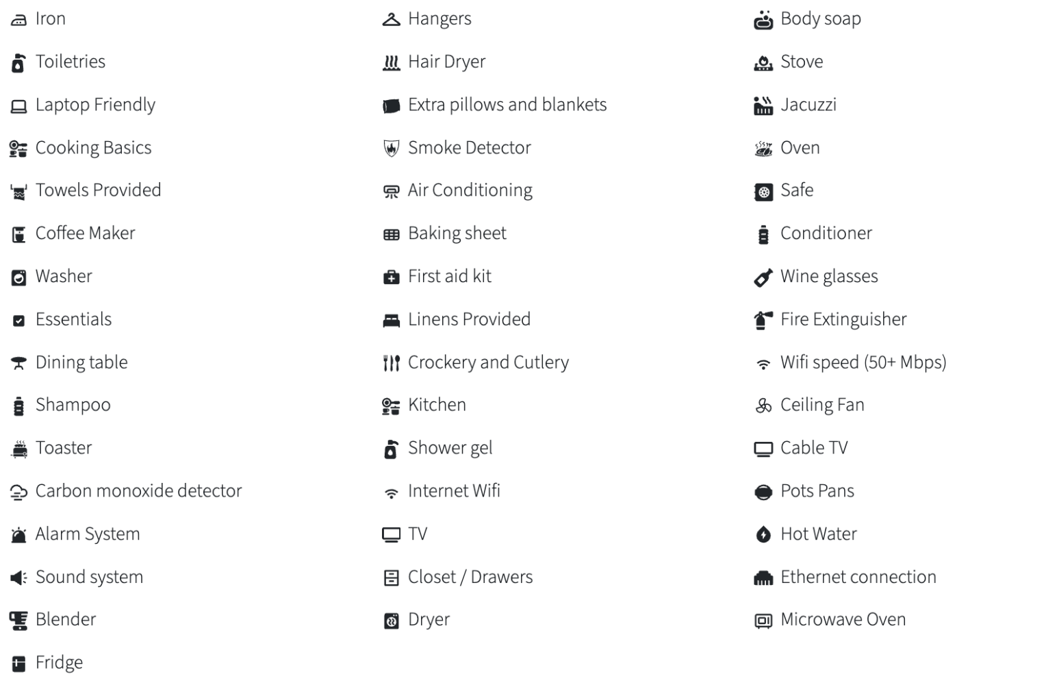 List of amenities with icons: iron, toiletries, laptop-friendly, cooking basics, and more.