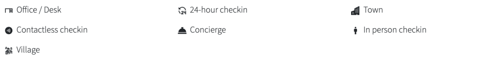 Icons with text: Office, 24-hour checkin, Town, Contactless checkin, Concierge, In person checkin, Village.