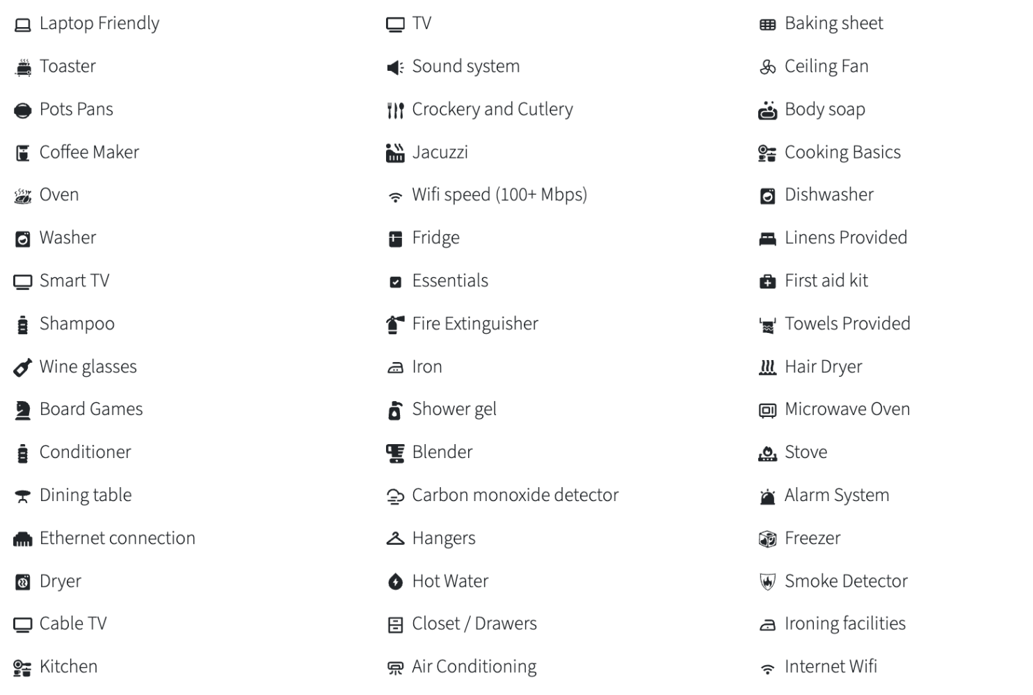 Icons and labels of home amenities like TV, kitchen appliances, and safety features arranged in three columns.