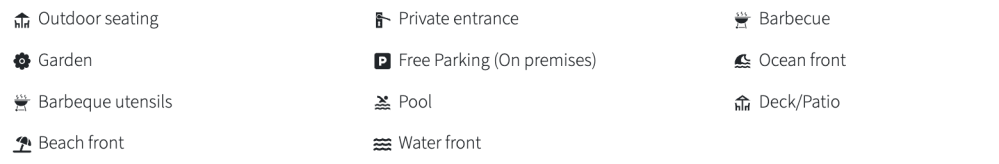 Icons for outdoor seating, garden, BBQ, beachfront, private entrance, parking, pool, waterfront, deck/patio.