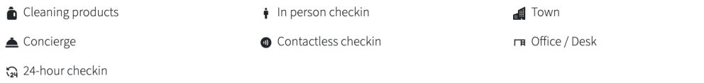 Icons list: Cleaning products, Concierge, 24-hour checkin, In person checkin, Contactless checkin, Town, Office/Desk.