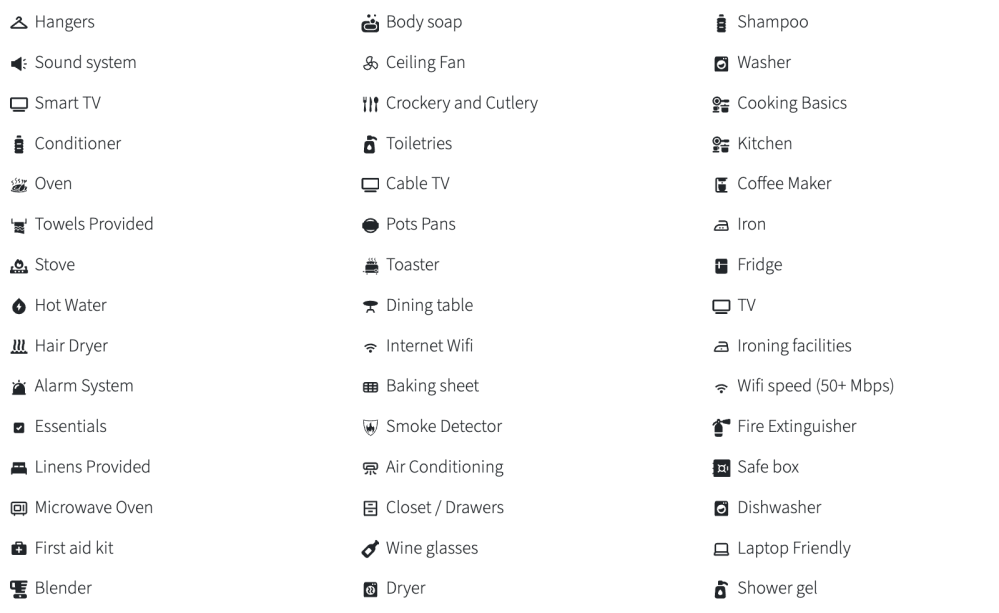 Icons and text listing household amenities like TV, oven, shower gel, and WiFi.