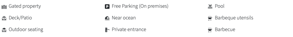 Icons showing amenities: gated property, free parking, pool, deck, near ocean, BBQ utensils, outdoor seating, and entrance.