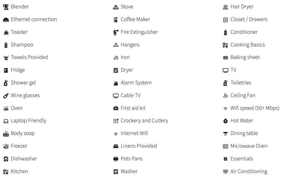 Icons and text listing household amenities and appliances in three columns.