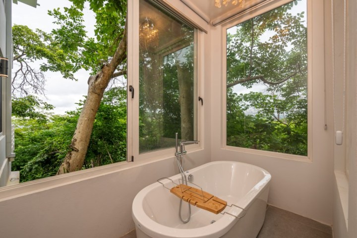 White bathtub by large windows overlooking lush green trees.