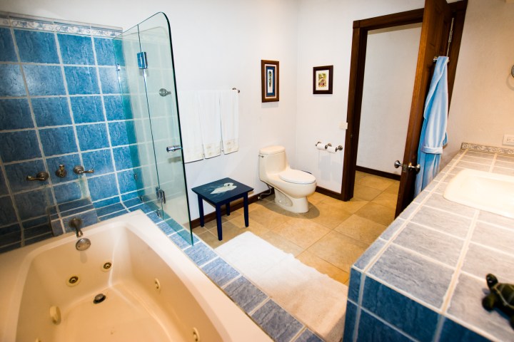 Bathroom with blue tiles, a bathtub, glass shower door, toilet, and sink with a wooden door.