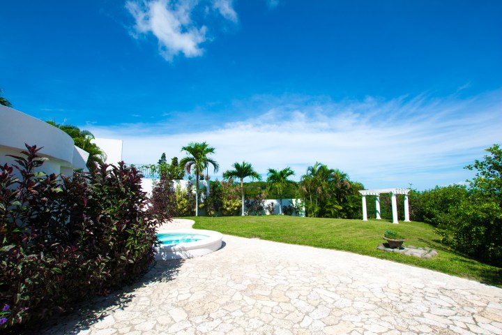 Sunny garden with palm trees, white pergola, and small pool set on stone patio.