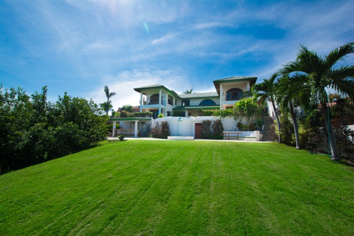 Large house with green lawn and palm trees under a clear blue sky.