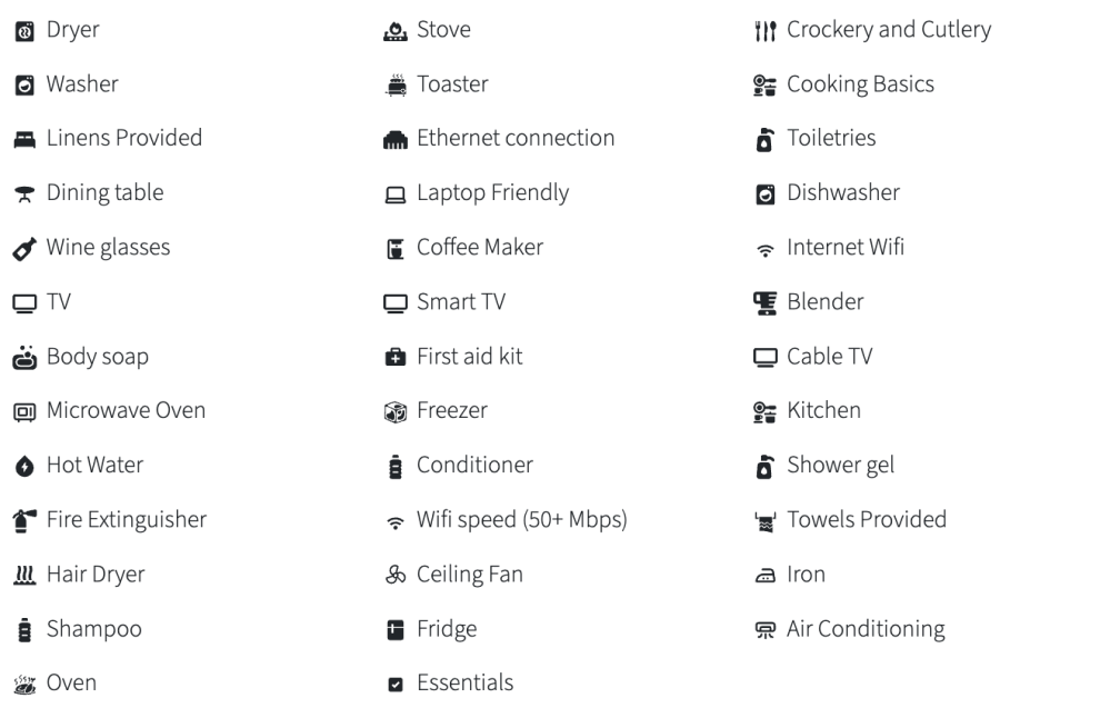 Icons and text listing household amenities like Dryer, Stove, Ethernet, WiFi, TV, and Cooker over three columns.