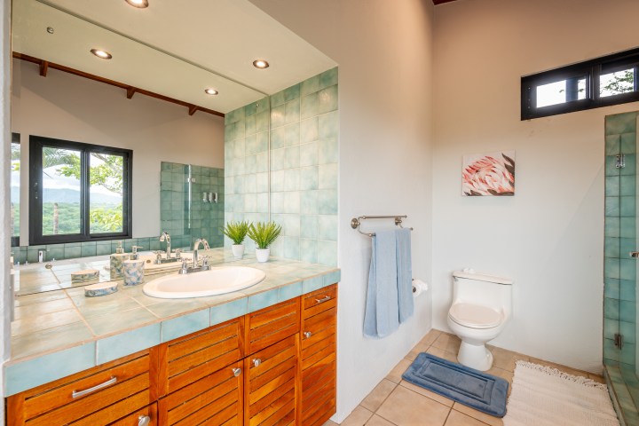Bathroom with wooden vanity, green tiles, mirror, potted plants, and window view of nature.