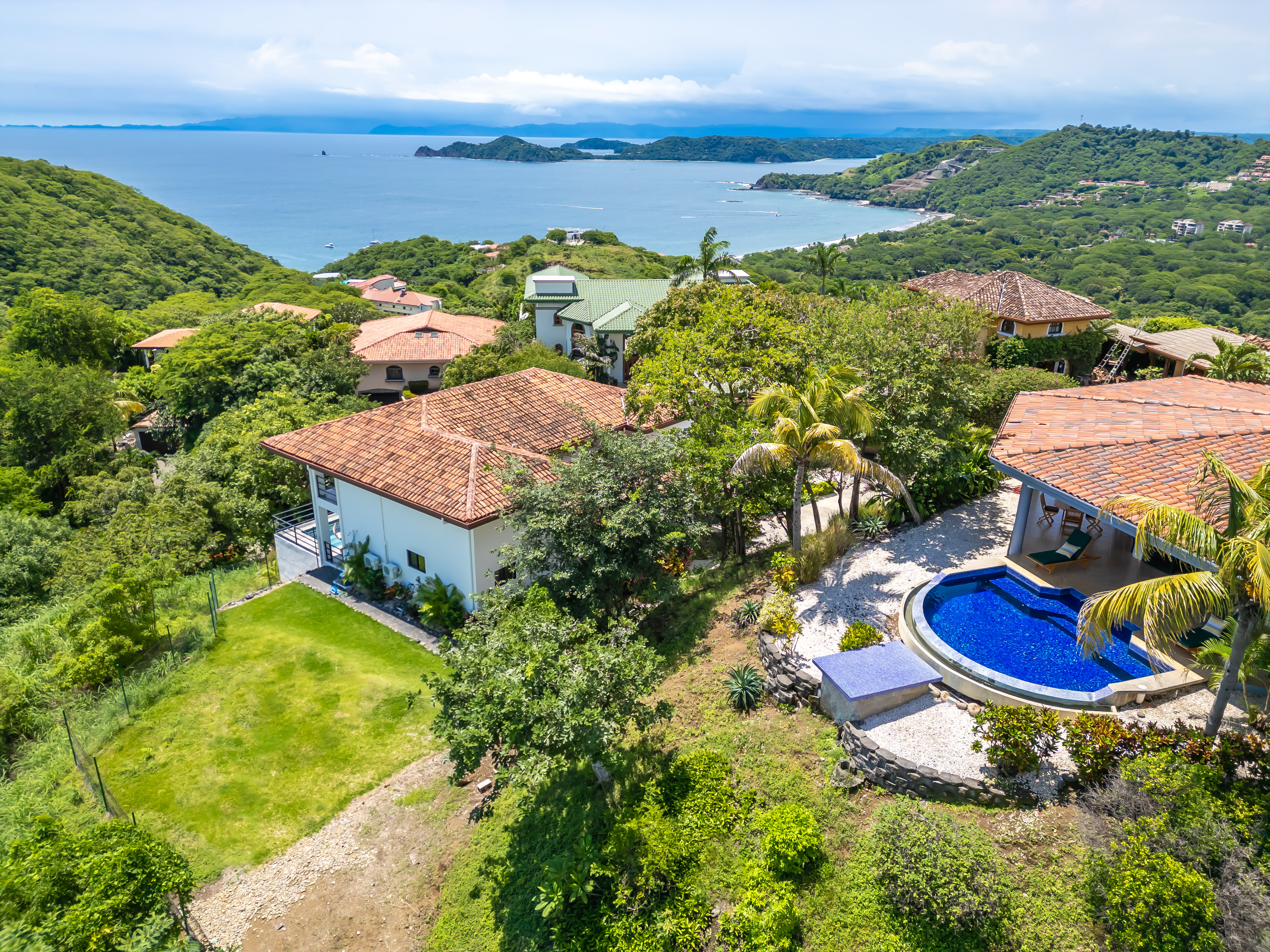 Aerial view of Zindis vacation homes with pool and ocean views in Guanacaste, Costa Rica