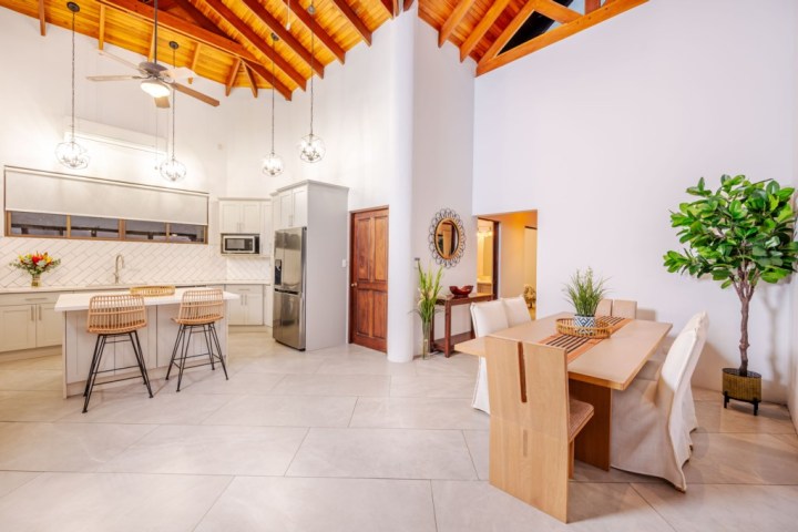 Modern kitchen with high ceilings, dining table, and indoor plants.