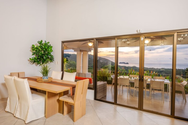 Dining room with wooden table, white chairs, large plant, and sliding glass doors opening to a scenic view.