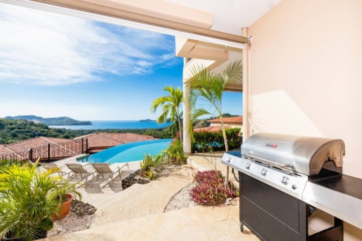 Patio with BBQ grill, infinity pool, ocean view, lounge chairs, and tropical plants.