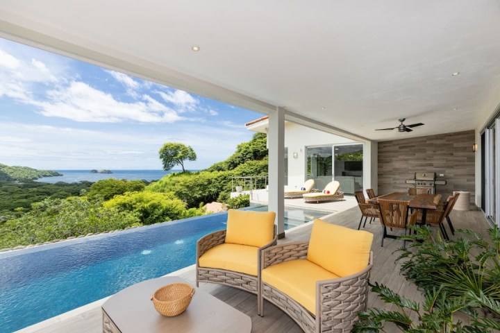 a living room with a pool of water