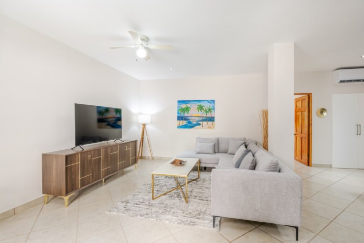 Modern living room with gray sofa, TV console, lamp, and tropical wall art.