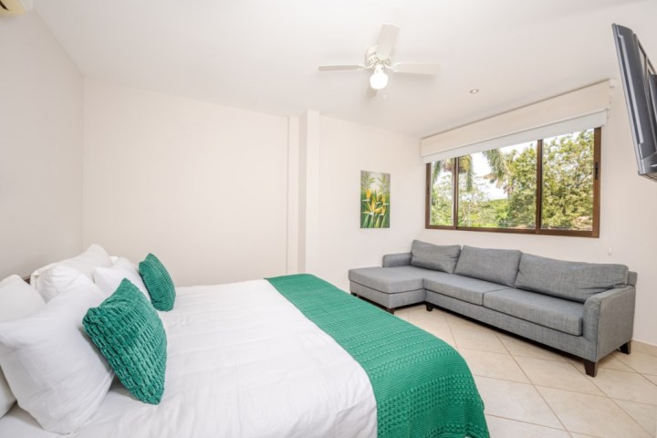 Room with bed, green accents, gray sofa, large window, and ceiling fan.