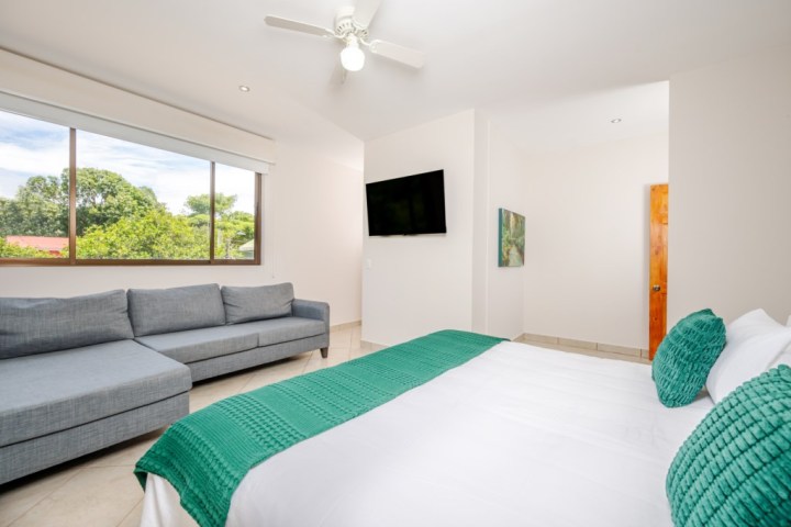 Modern bedroom with bed, green accents, gray sofa, wall TV, and large window overlooking greenery.