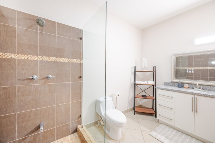 Modern bathroom with glass shower, ceramic tiles, sink, mirror, and shelving.