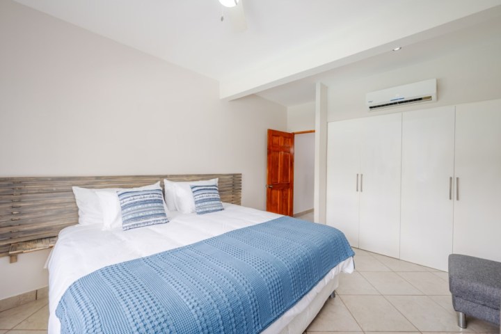 Minimalist bedroom with a double bed, blue blanket, pillows, white wardrobes, and a wooden door.