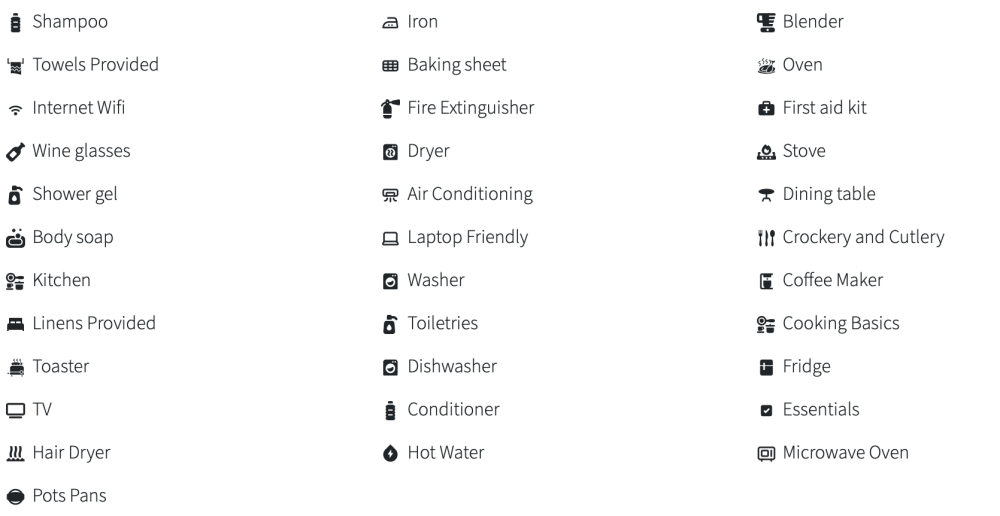 List of amenities including shampoo, WiFi, kitchen, dryer, microwave, and dining table with icons.