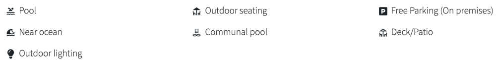 Icons with amenities: pool, ocean, lighting, seating, parking, communal pool, deck/patio.