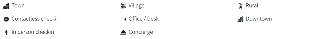 Icons for Town, Village, Rural, Contactless checkin, Office, Downtown, In-person checkin, Concierge.