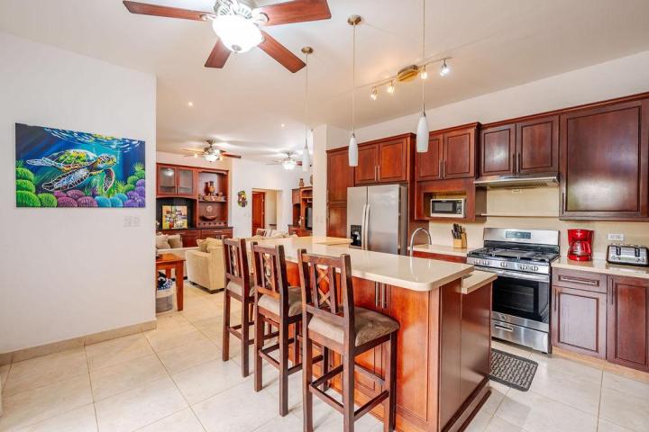 Modern kitchen and living area with wooden cabinets, island, and colorful turtle painting.