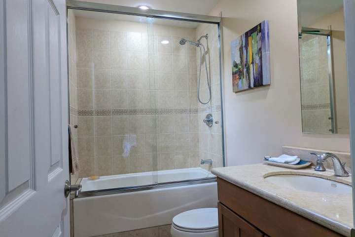 Bathroom with bathtub, glass shower door, toilet, and wooden vanity with sink.