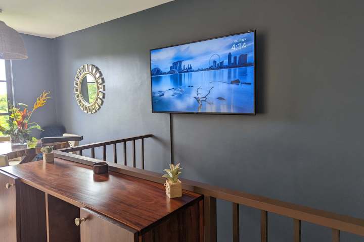 Living room with TV on wall, wooden console, round mirror, and plants on table.