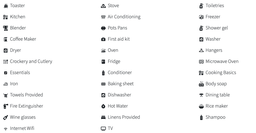 Icons and labels of amenities like stove, fridge, toiletries, internet, and more displayed in three columns.