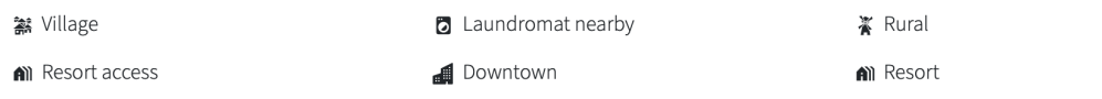 Icons and text: Village, Laundromat nearby, Rural, Resort access, Downtown, Resort.