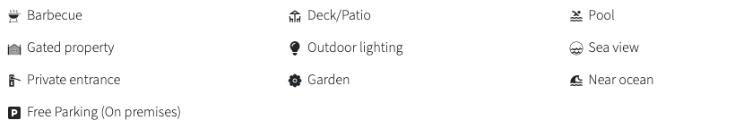 Icons and labels for property features including barbecue, pool, sea view, private entrance, and free parking.
