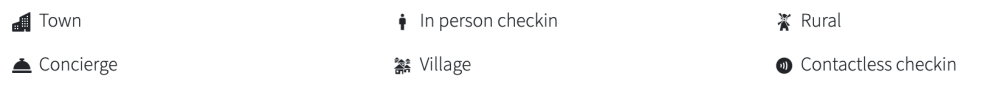 Icons with labels: Town, Concierge, In person checkin, Village, Rural, Contactless checkin.