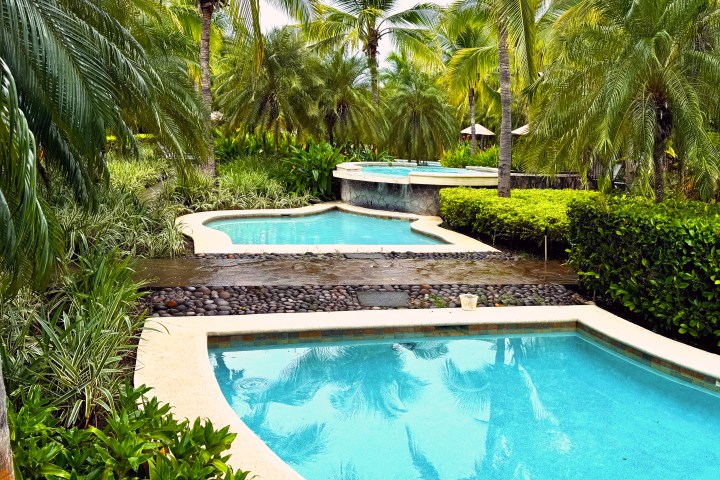 Tropical resort with tiered pools surrounded by lush palm trees.