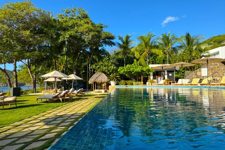 Outdoor pool with lounge chairs and umbrellas on a sunny day with palm trees in the background.