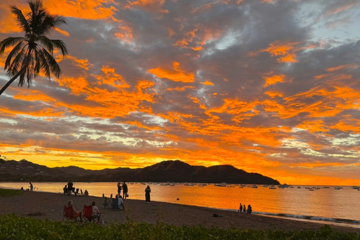 Sunset over a beach with silhouetted people, palm tree, and boats under a vibrant orange sky.