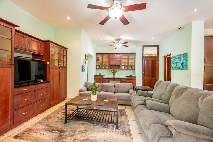 Living room with gray sofas, TV, ceiling fans, and wooden cabinets on light green walls.