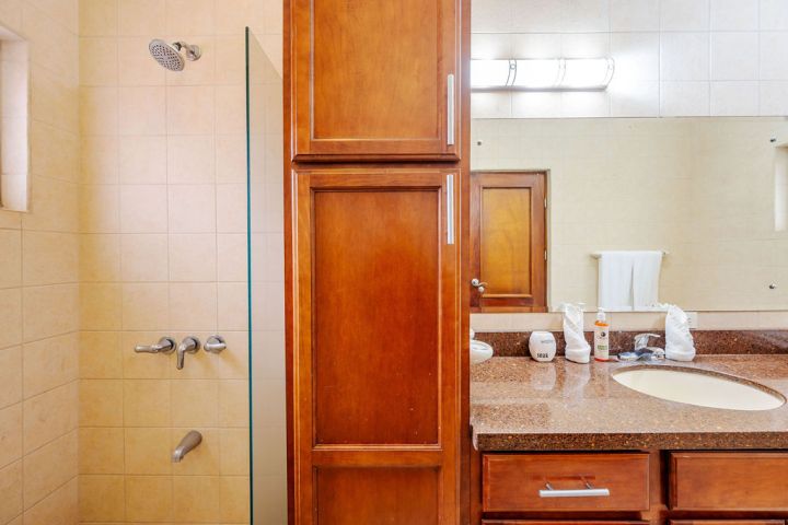 Bathroom with shower, wooden cabinet, sink, and mirror.