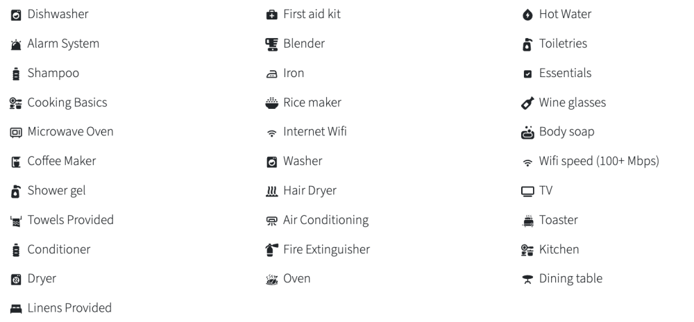 Icons with labels: Dishwasher, Alarm System, Shampoo, Cooking Basics, Microwave, Coffee Maker, more in grid layout.
