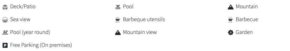 Icons and labels for amenities: Deck, Sea view, Pool, Parking, Barbecue, Mountain view, Garden.