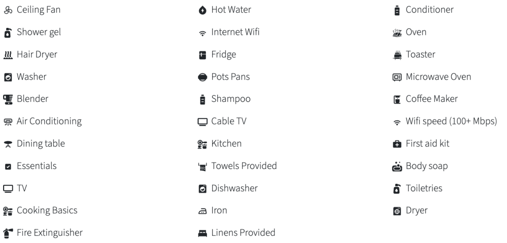 Icons and labels for home amenities such as WiFi, TV, kitchen appliances, toiletries, and more.