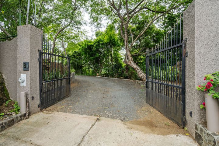 Open black metal gate leading to a gravel path surrounded by lush green trees.