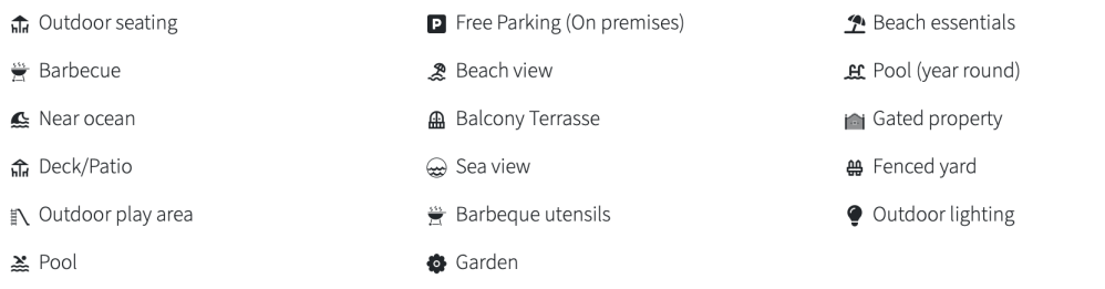 Icons listing amenities: outdoor seating, barbecue, pool, parking, beach view, gated property, garden, etc.