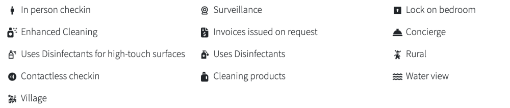 Icons and text for hospitality services like check-in, cleaning, surveillance, and views.