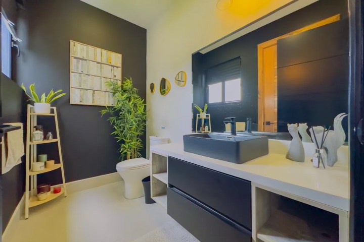 Modern bathroom with black walls, plants, and a white countertop with a sink.