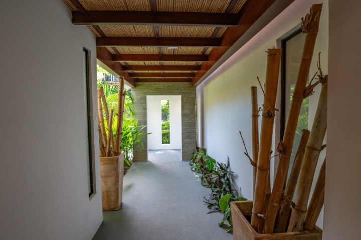 A hallway with bamboo decor, a wooden ceiling, and plants leading to a bright outdoor view.