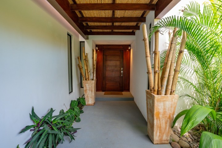 Covered entryway with bamboo decor leading to wooden door, flanked by lush plants.