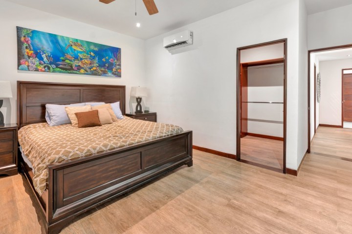 Bedroom with wooden bed, colorful marine painting, and open closet.