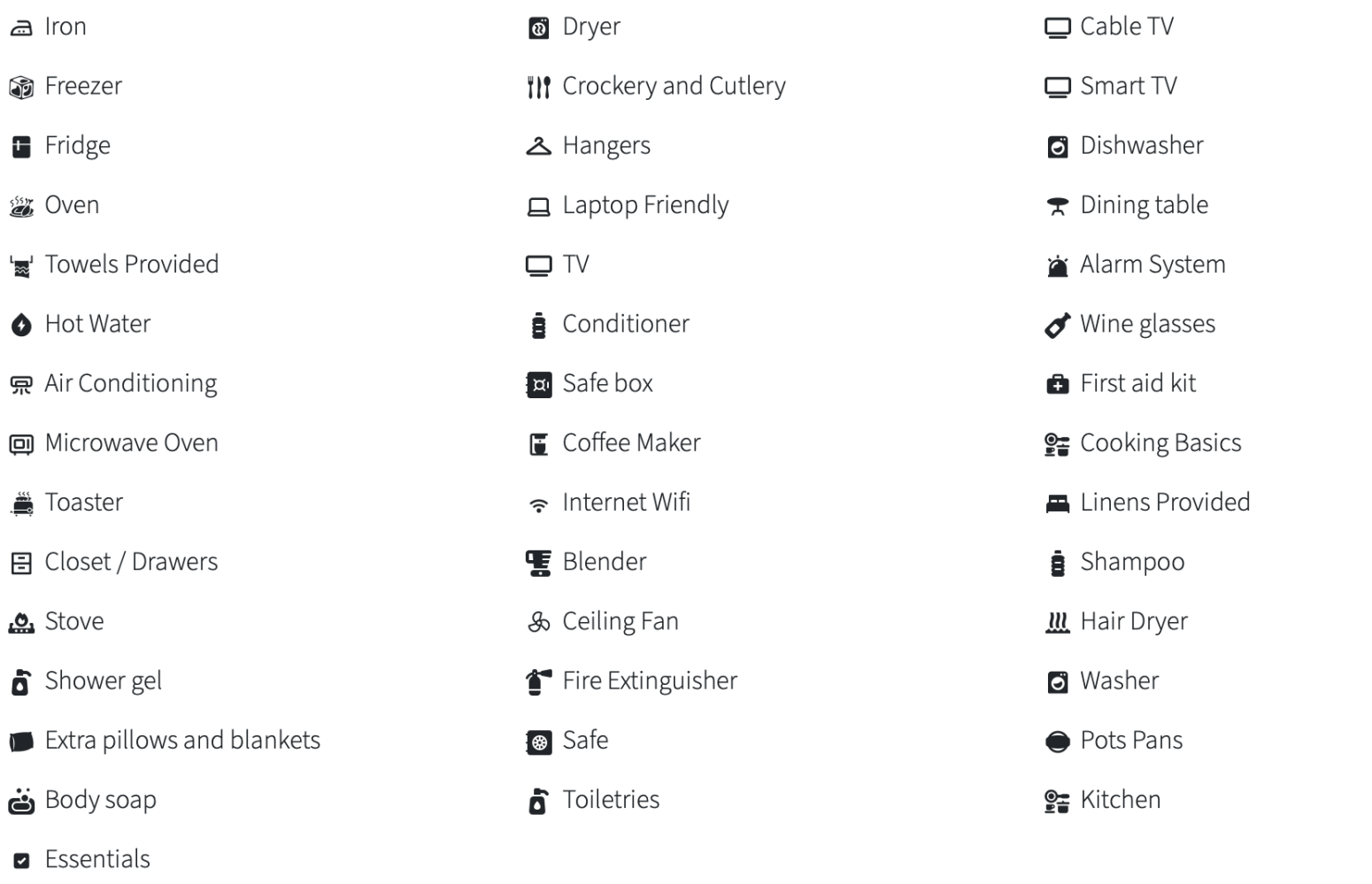 List of amenities with icons, including kitchen appliances, toiletries, and safety equipment.